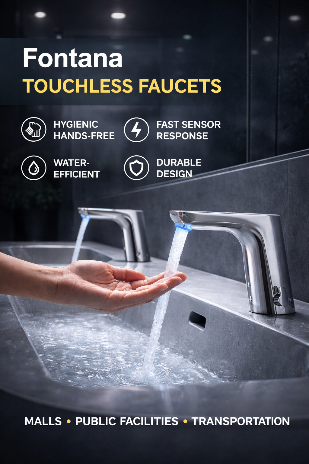 Fontana touchless faucets in malls, public facilities, and transportation settings